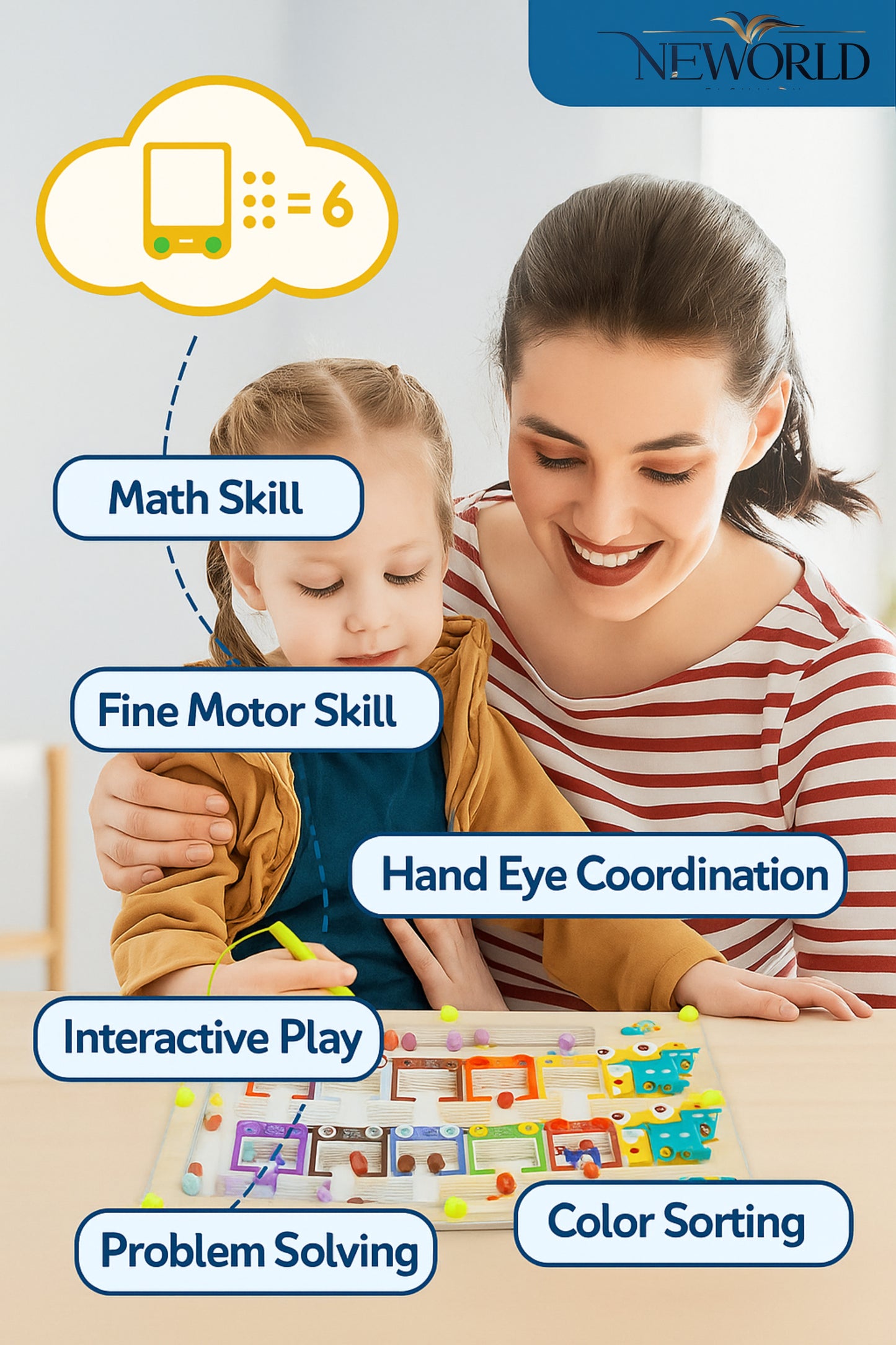 Woman and child playing with educational toys, highlighting skills like math, fine motor, hand eye coordination, interactive play, problem solving, and color sorting.